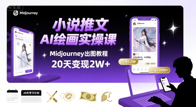 小说推文干货分享之AI绘画MJ出图实操课，用Midjourney做小说推文，20天挣2w-资源V站