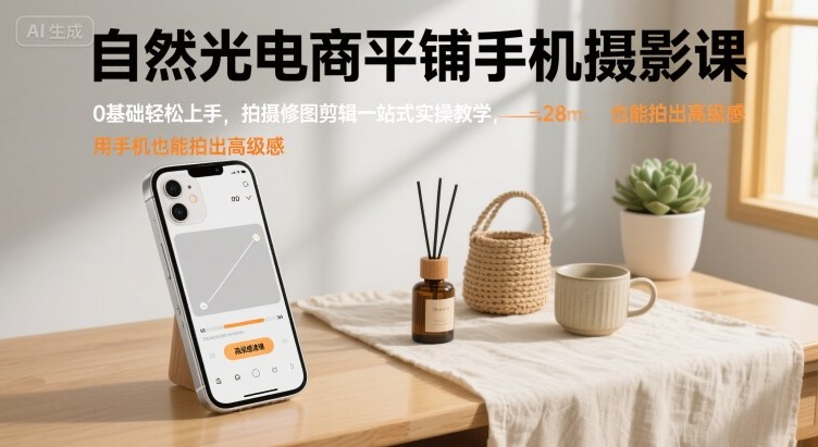 自然光电商平铺手机摄影课，0基础轻松上手，拍摄修图剪辑一站式实操教学，用手机也能拍出高级感-资源V站