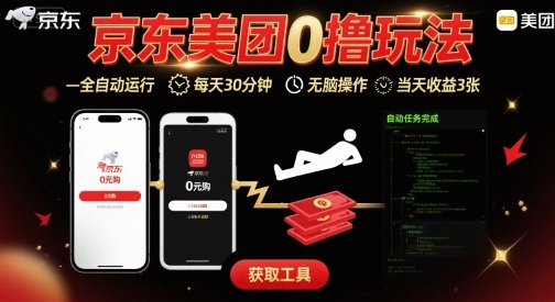 京东美团平台最新0撸玩法，全自动挂G，每天30分钟，无脑操作，当天收益3张【揭秘】-资源V站