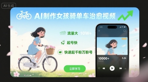 AI制作女孩骑单车治愈视频，流量大，起号快，快速起千粉万粉号-资源V站