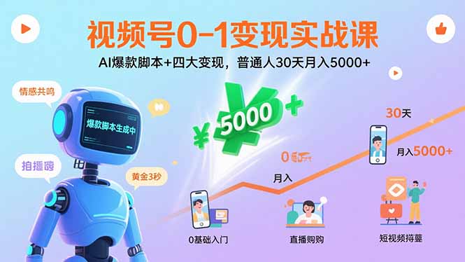 视频号0-1变现实战课：AI爆款脚本+四大变现，普通人30天月入5000+-资源V站