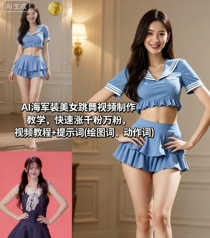 AI海军装美女跳舞视频制作教学，快速涨千粉万粉，视频教程+提示词(绘图词、动作词)-资源V站