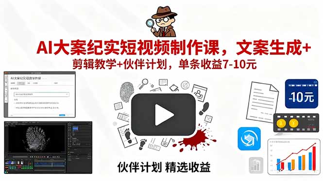 AI大案纪实短视频制作课，文案生成+剪辑教学+伙伴计划，单条收益7-10元-资源V站