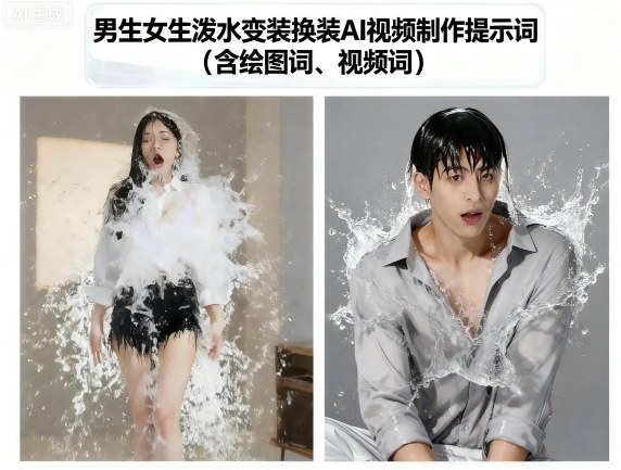 男生女生泼水变装换装AI视频制作提示词(含绘图词、视频词)-资源V站