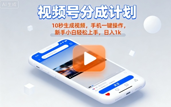 视频号分成计划懒人玩法,10秒生成视频,手机一键操作,新手小白轻松上手,日入1K【揭秘】-资源V站