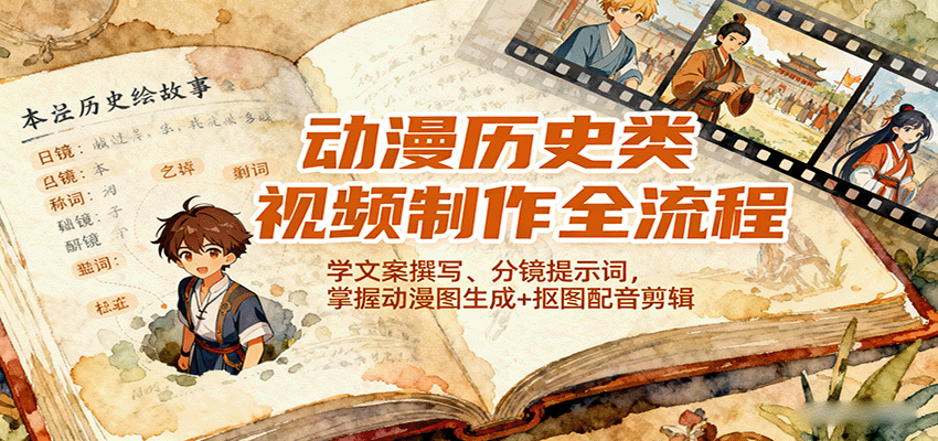 动漫历史类视频制作全流程，学文案撰写、分镜提示词，掌握动漫图生成+抠图配音剪辑-资源V站