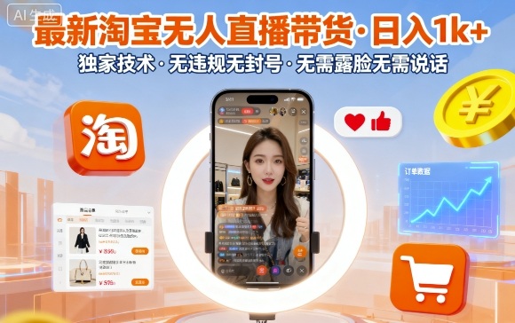 最新淘宝无人直播带货，日入1k+，独家技术，无违规无封号，无需露脸无需说话【揭秘】-资源V站