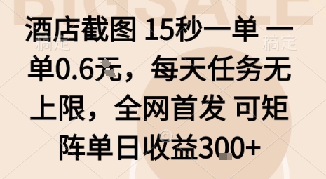 酒店截图15秒一单,一单0.6米,每天任务无上限,全网首发可矩阵单日收益3张【揭秘】-资源V站
