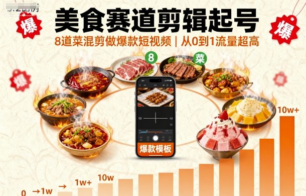 美食赛道剪辑起号，8道菜混剪做爆款短视频，从0到1，流量超高-资源V站