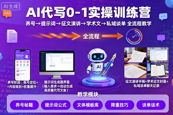 AI代写0-1实操训练营,从养号、提示词、征文演讲、学术文,到私域谈单的全流程教学-资源V站