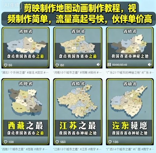 剪映制作地图动画制作教程，视频制作简单，流量高起号快，伙伴单价高-资源V站