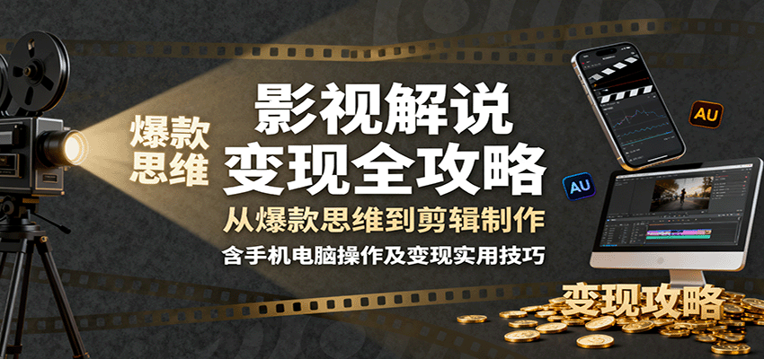 影视解说变现全攻略：从爆款思维到剪辑制作，含手机电脑操作及变现实用技巧-资源V站