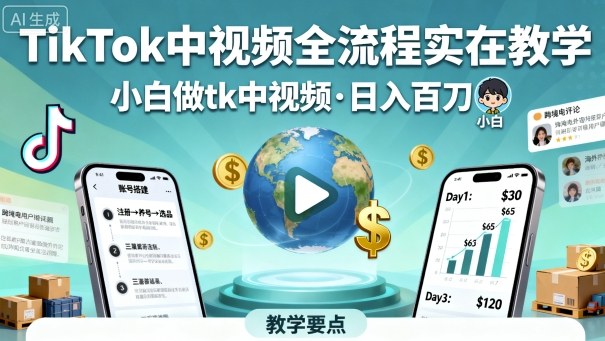 TikTok中视频全流程实操教学，小白做tk中视频，日入百刀-资源V站