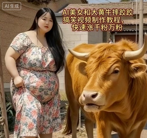 AI美女和大黄牛摔跤搞笑荒诞视频制作教程，快速涨千粉万粉-资源V站