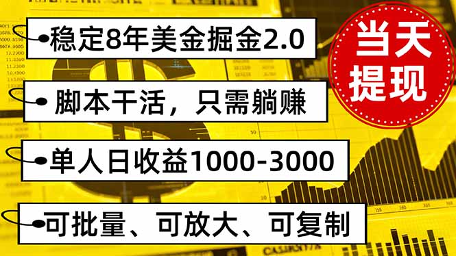 稳定8年美金掘金2.0脚本干活,只需躺赚。单人日收益1000-3000可批量、...-资源V站