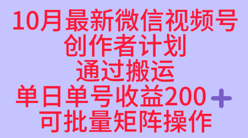 10月最新视频号收益最大化赛道长久稳定红利项目，单日单号收益2张+可批量矩阵操作-资源V站