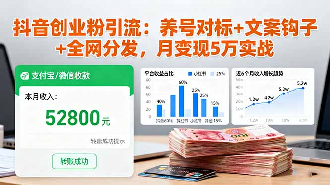 抖音创业粉引流：养号对标+文案钩子+全网分发，月变现5万实战-资源V站