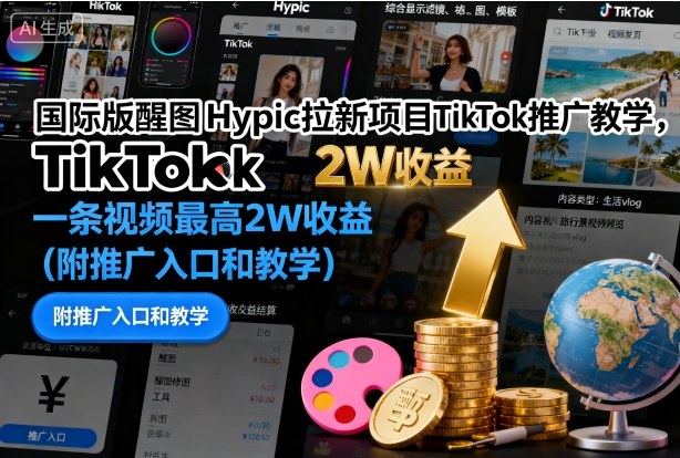 国际版醒图Hypic拉新项目TikTok推广教学，一条视频最高2W收益(附推广入口和教学)-资源V站