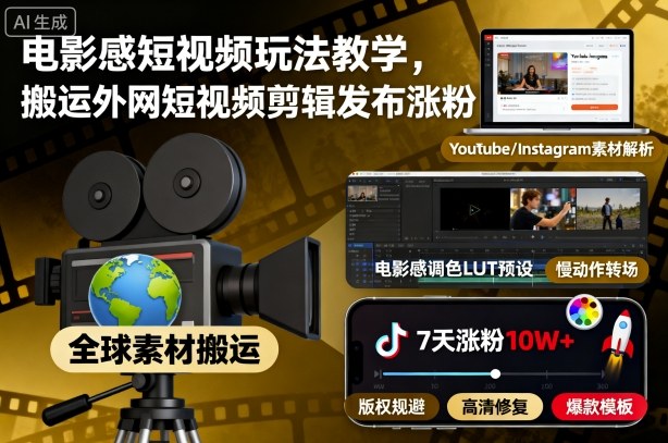 电影感短视频玩法教学，搬运外网短视频剪辑发布涨粉-资源V站