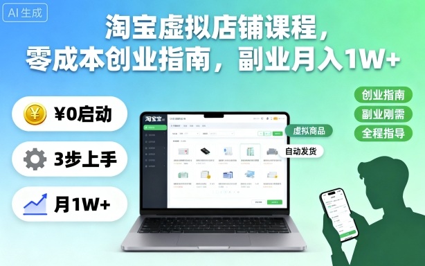淘宝虚拟店铺课程，零成本创业指南，副业月入1W+-资源V站
