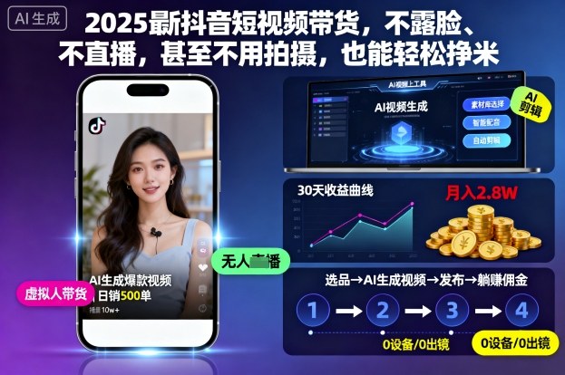 2025最新抖音短视频带货，不露脸、不直播，甚至不用拍摄，也能轻松挣米-资源V站