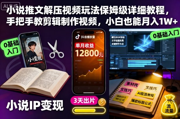 小说推文解压视频玩法保姆级详细教程，手把手教剪辑制作视频，小白也能月入1W+-资源V站