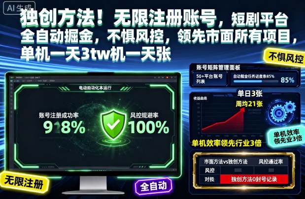 独创方法！无限注册账号，短剧平台全自动掘金，不惧风控，领先市面所有项目，单机一天3张【揭秘】-资源V站