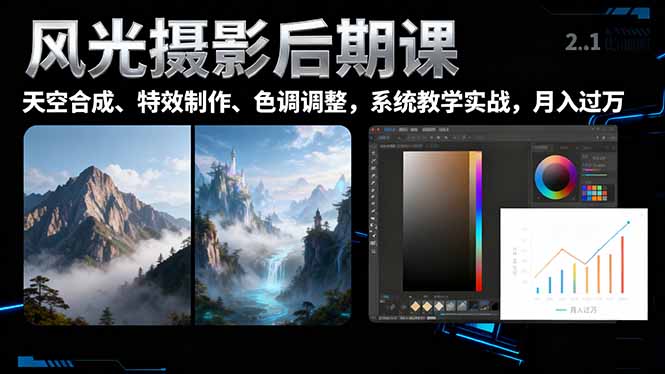 风光摄影后期课，一键换天空合成、特效制作、色调调整，月入过万-资源V站