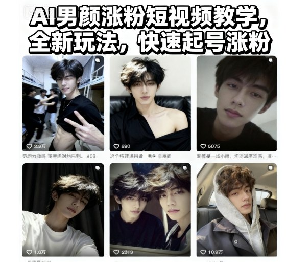 AI男颜涨粉短视频教学,全新玩法,快速起号涨粉-资源V站