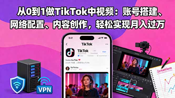 从0到1做TikTok中视频：账号搭建、网络配置、内容创作，轻松实现月入过万-资源V站