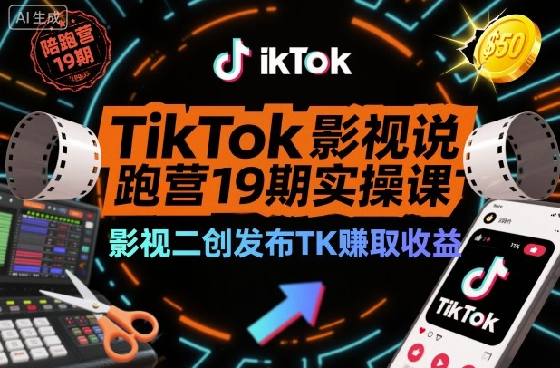 TikTok影视解说陪跑营19期实操课，影视二创发布TK賺取收益，万播收益50美金-资源V站