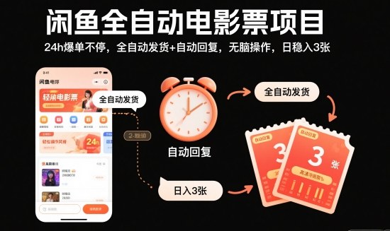 闲鱼全自动电影票项目，24h爆单不停，全自动发货+自动回复，无脑操作，日稳入3张【揭秘】-资源V站