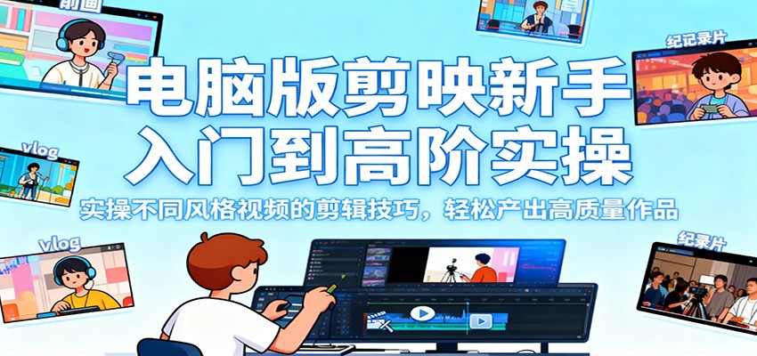 电脑版剪映新手入门到高阶实操，实操不同风格视频的剪辑技巧，轻松产出高质量作品-资源V站