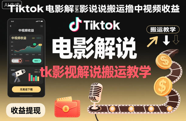 Tiktok电影解说搬运撸中视频收益,tk影视解说搬运教学-资源V站