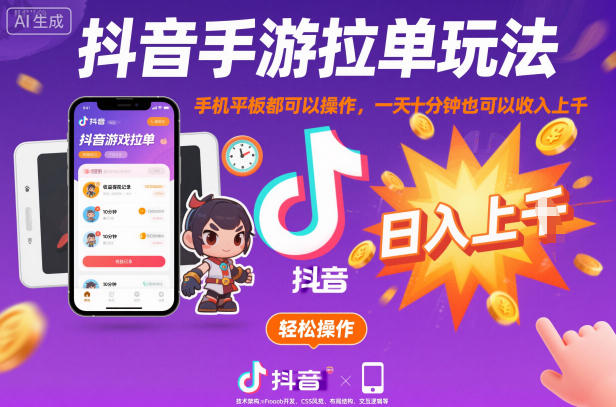 抖音手游拉单玩法,手机平板都可以操作,一天十分钟也可以收入上K【揭秘】-资源V站