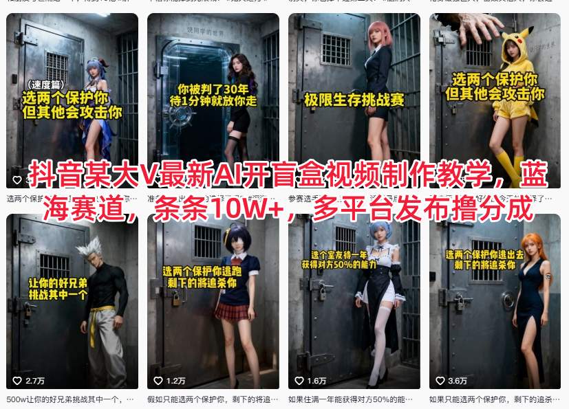抖音某大V最新AI开盲盒视频制作教学,蓝海赛道,条条10W+,多平台发布撸分成-资源V站