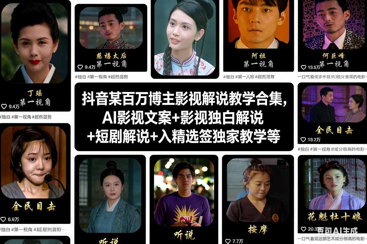 抖音某百万博主影视解说教学合集,AI影视文案+影视独白解说+短剧解说+入精选签独家教学等-资源V站