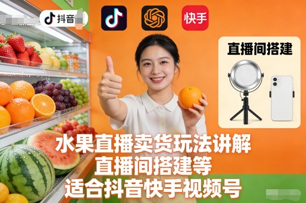水果直播卖货玩法讲解、直播间搭建等,适合抖音快手视频号-资源V站