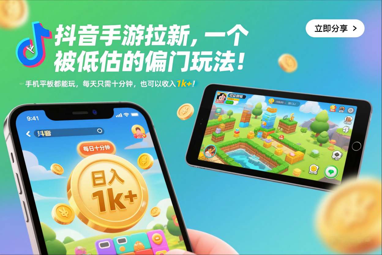 抖音手游拉新,一个被低估的偏门玩法!手机平板都能玩,每天只需十分钟,也可以收入1k+【揭秘】-资源V站