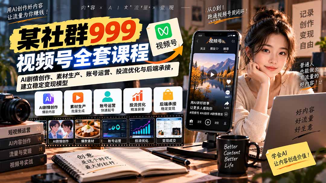【无水印】某社群999视频号全套课程：AI剧情创作、素材生产、账号运营、投流优化与后端承接，建立稳定变现模型-资源V站