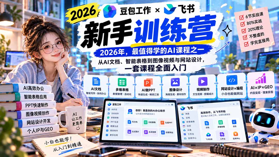 2026豆包工作+飞书新手训练营-9月新课：从AI文档、智能表格到图像视频与网站设计，一套课程全面入门-资源V站