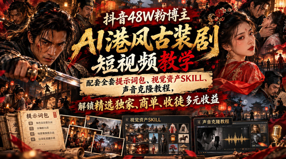 抖音48W粉博主AI港风古装剧短视频教学，配套全套提示词包、视觉资产SKILL、声音克隆教程，解锁精选独家、商单、收徒多元收益-资源V站