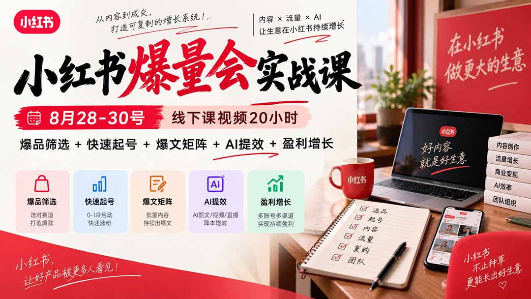 小红书爆量会实战课-更新9月23：线下课视频20小时，爆品筛选+快速起号+爆文矩阵+AI提效+盈利增长-资源V站