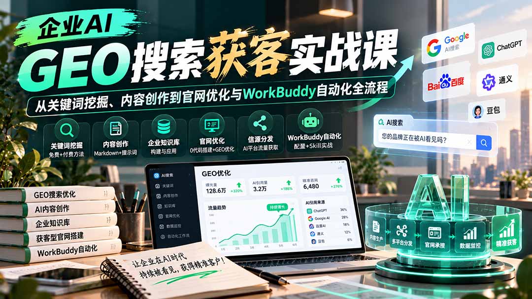 企业AI GEO搜索获客实战课：从关键词挖掘、内容创作到官网优化与WorkBuddy自动化全流程-资源V站