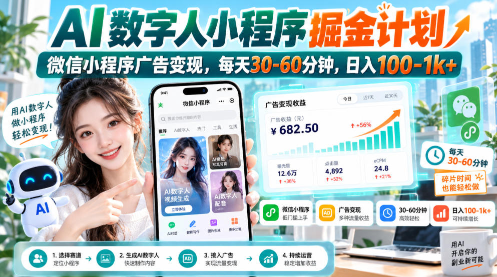 【无水印】AI数字人小程序掘金计划，微信小程序广告变现，每天30‑60分钟，日入100‑1k+-资源V站
