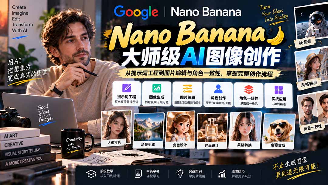 【无水印】Nano Banana大师级AI图像实战课：从提示词工程到图片编辑与角色一致性，掌握完整创作流程-资源V站