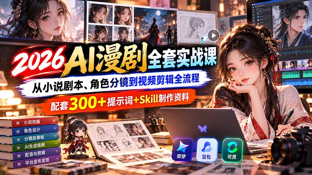 【无水印】2026AI漫剧全套实战课：从小说剧本、角色分镜到视频剪辑全流程，配套300+提示词+Skill制作资料-资源V站