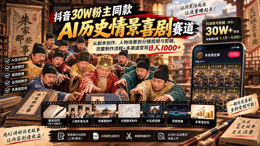 抖音30W粉博主同款AI历史情景喜剧赛道：从剧本创作、人物场景到分镜视频与剪辑，完整制作流程+多渠道变现日入1000+-资源V站