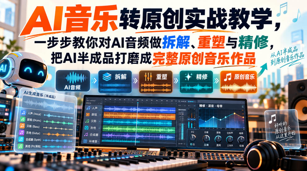 AI音乐转原创实战教学，一步步教你对AI音频做拆解、重塑与精修，把AI半成品打磨成完整原创音乐作品-资源V站