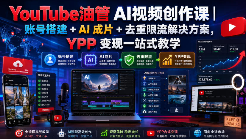YouTube油管AI视频创作课｜账号搭建+AI成片+去重限流解决方案，YPP变现一站式教学(更新0925)-资源V站